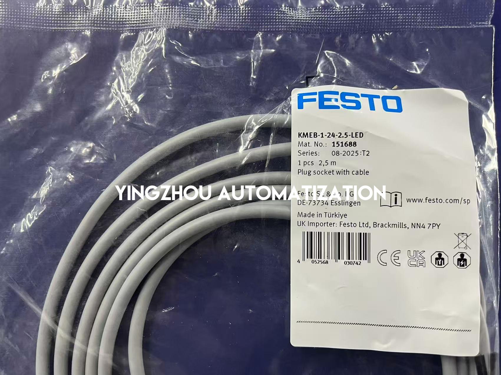 Festo 151688 KMEB-1-24-2.5-LED Solenoid Cable Socket | 2.5m Cable | 24V DC | LED Status-vezhoo